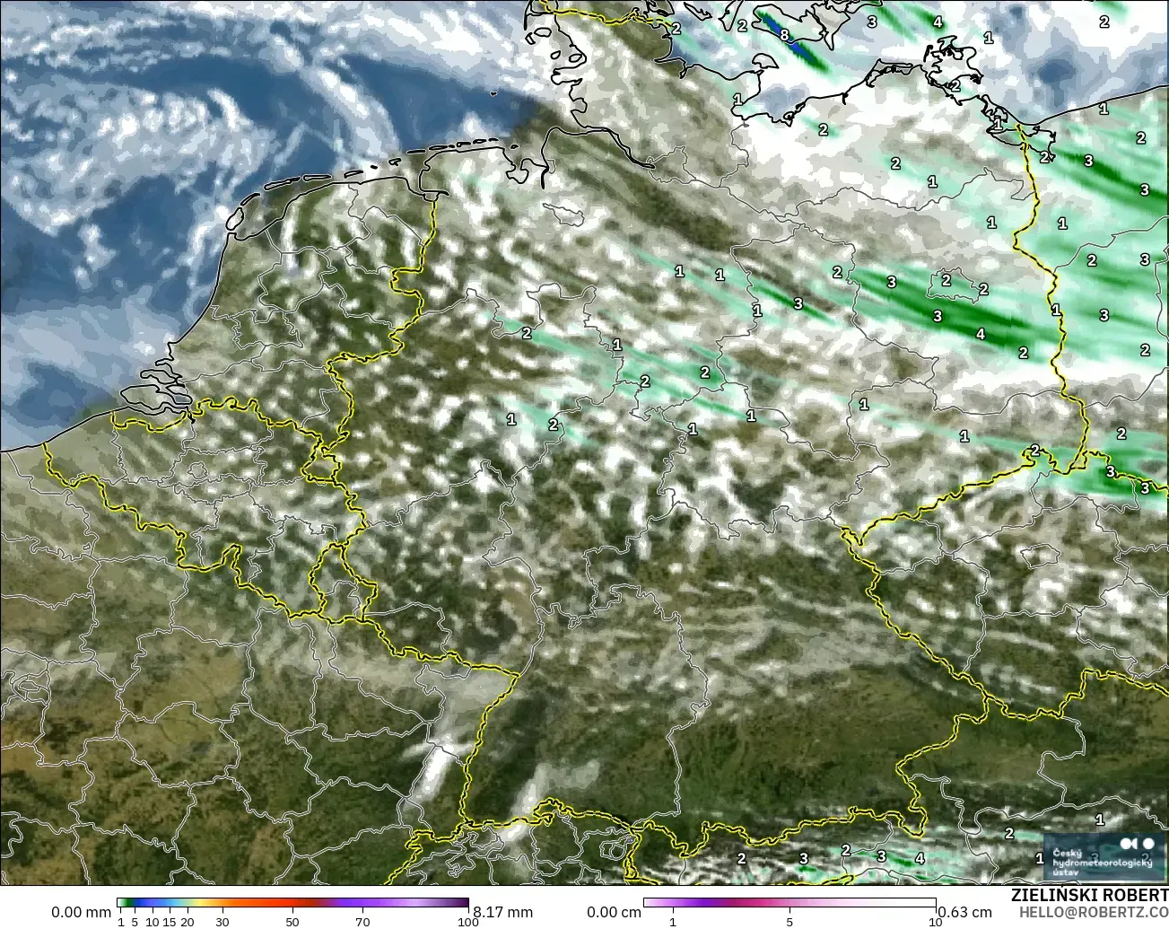 ALADIN CZ 2.3 km modelo - Alemania, Precipitación, nubes y presión