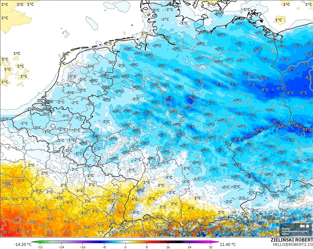 ALADIN CZ 2.3 km modelo - Alemania, Anomalía de temperatura a 2 m