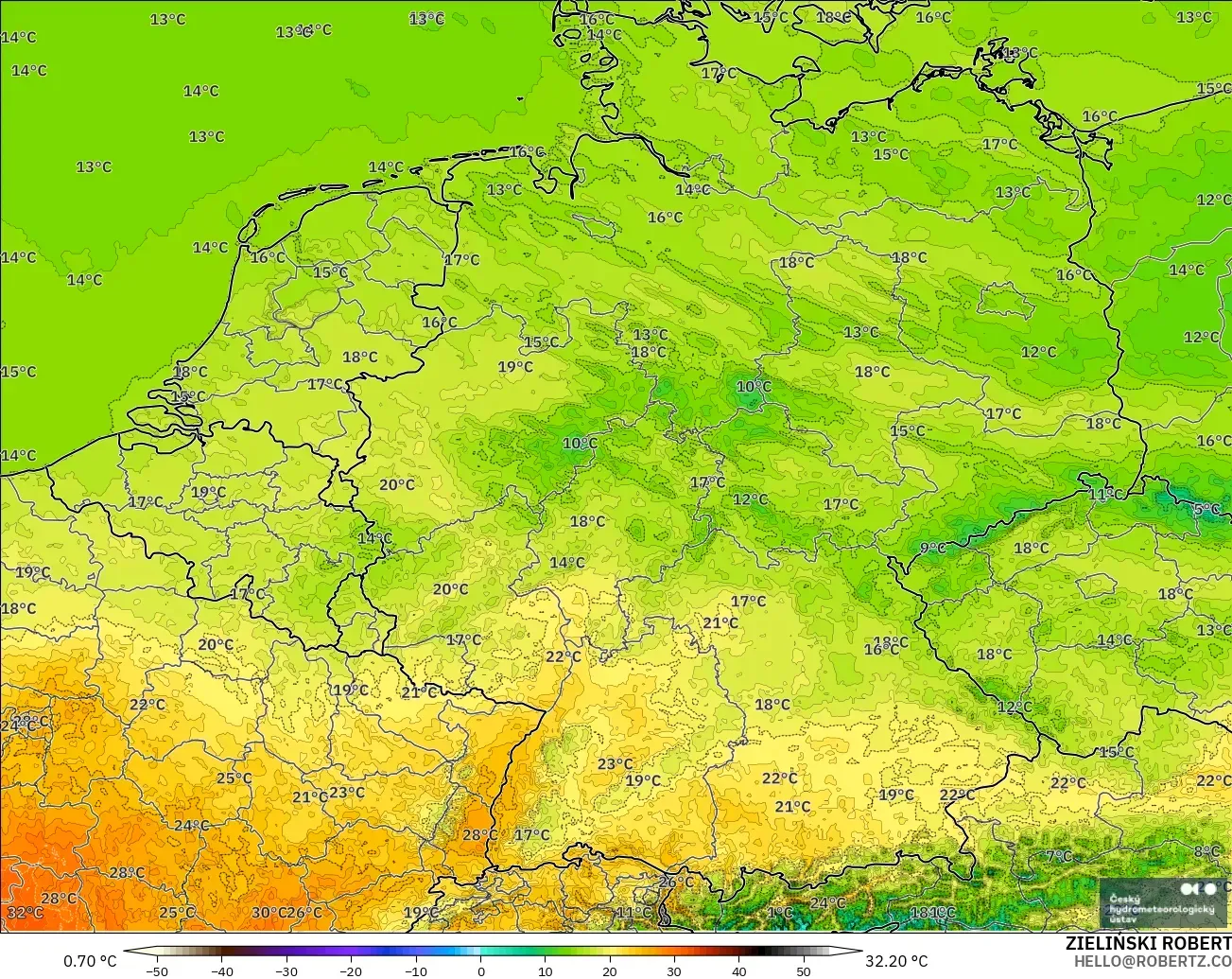 ALADIN CZ 2.3 km modelo - Alemania, Temperatura a 2 m