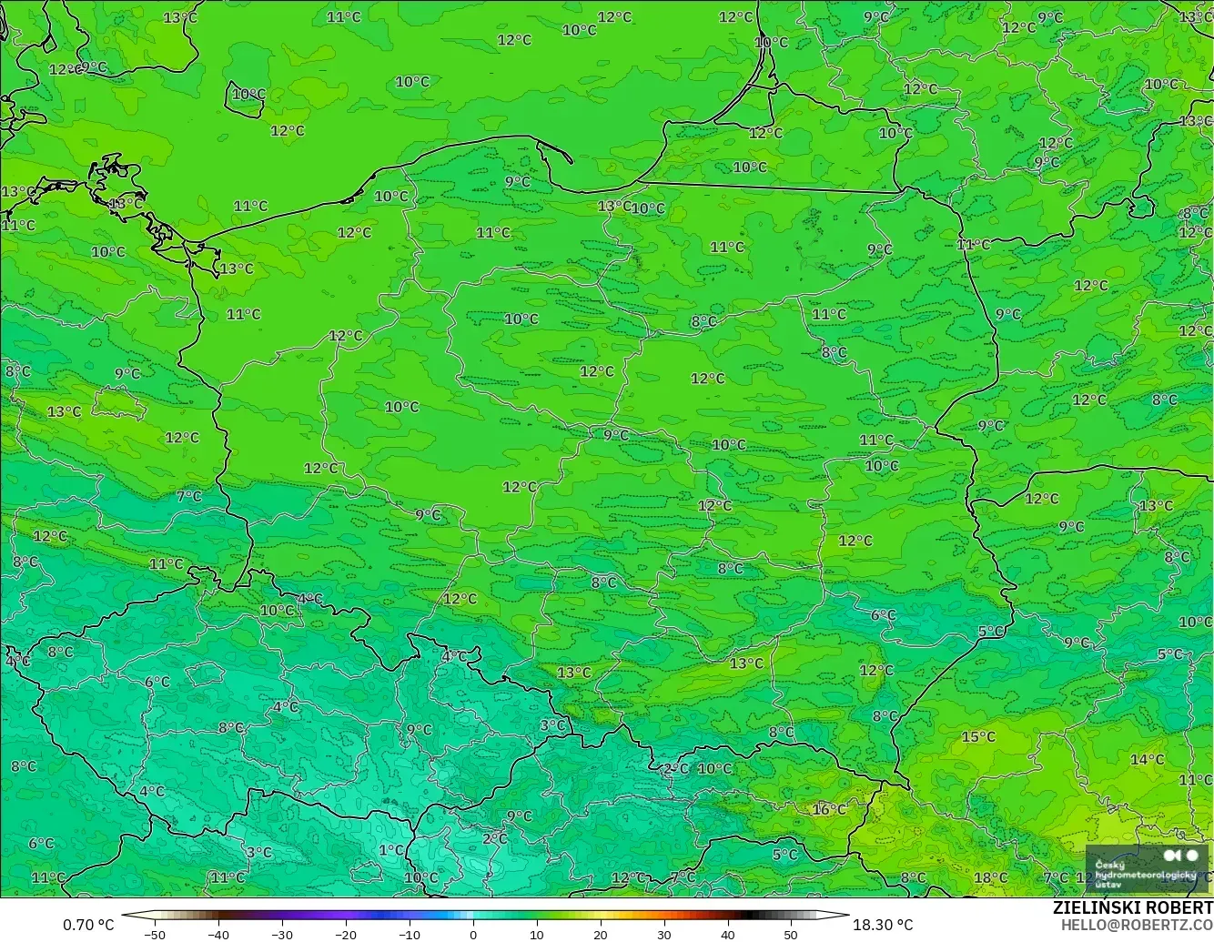 ALADIN CZ 2.3 km modelo - Polonia, Punto de rocío a 2 m