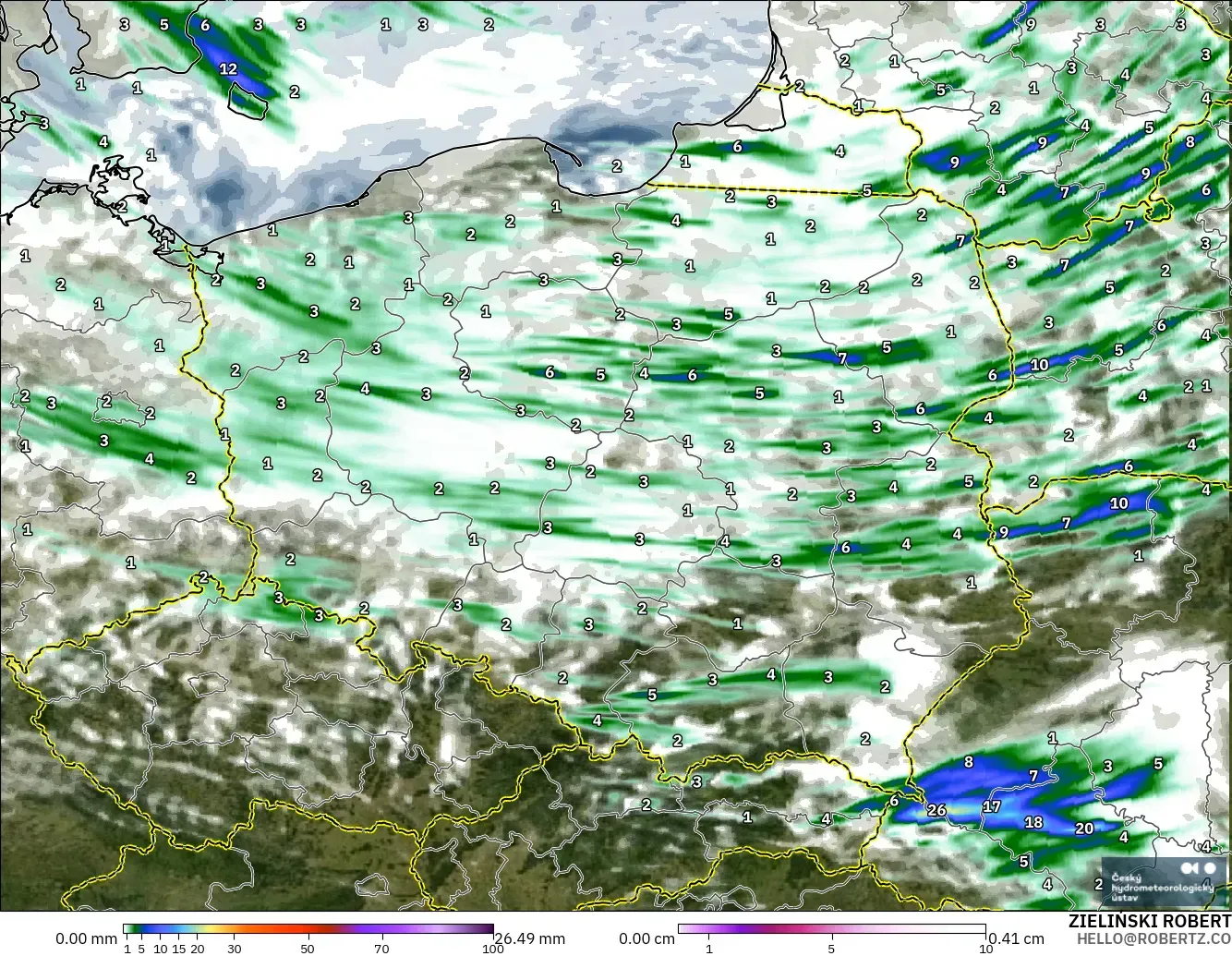 ALADIN CZ 2.3 km modelo - Polonia, Precipitación, nubes y presión