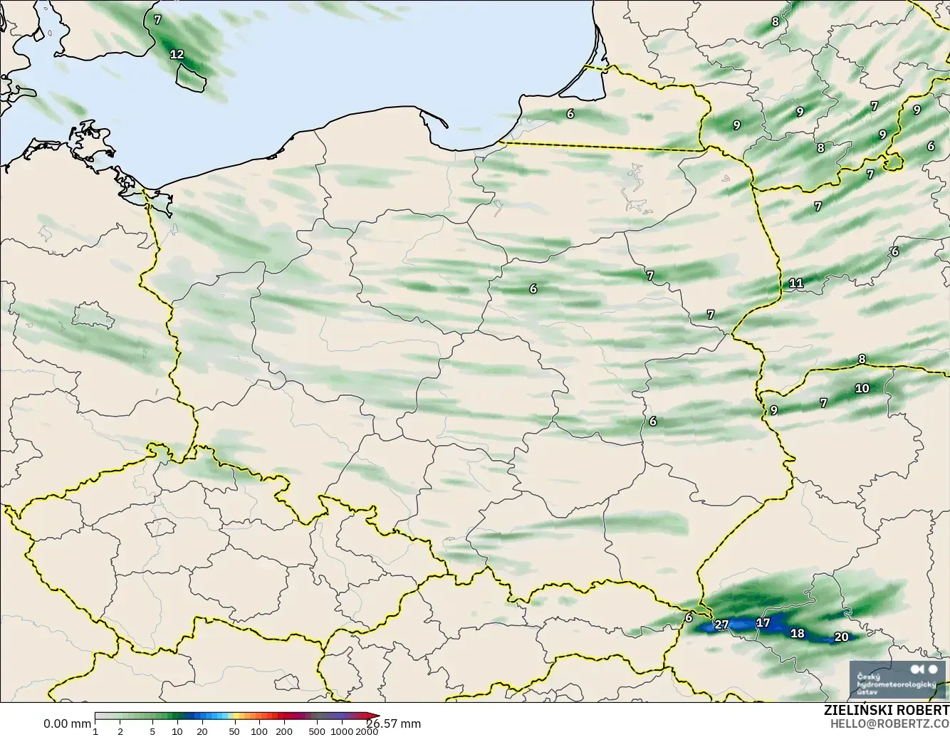 ALADIN CZ 2.3 km modelo - Polonia, Acumulación de precipitación