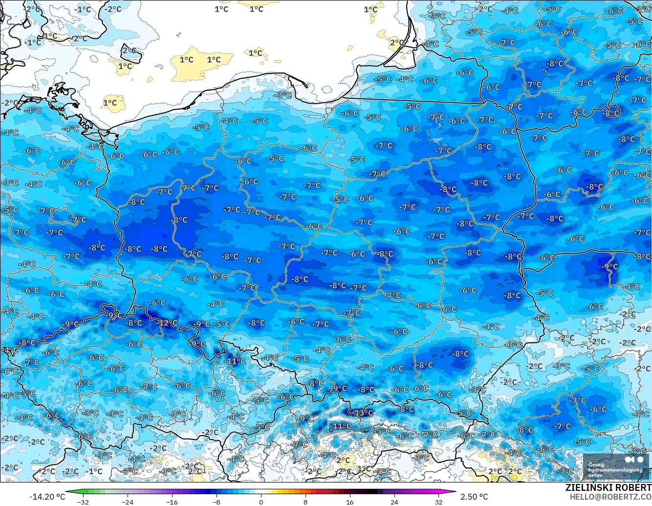 ALADIN CZ 2.3 km modelo - Polonia, Anomalía de temperatura a 2 m