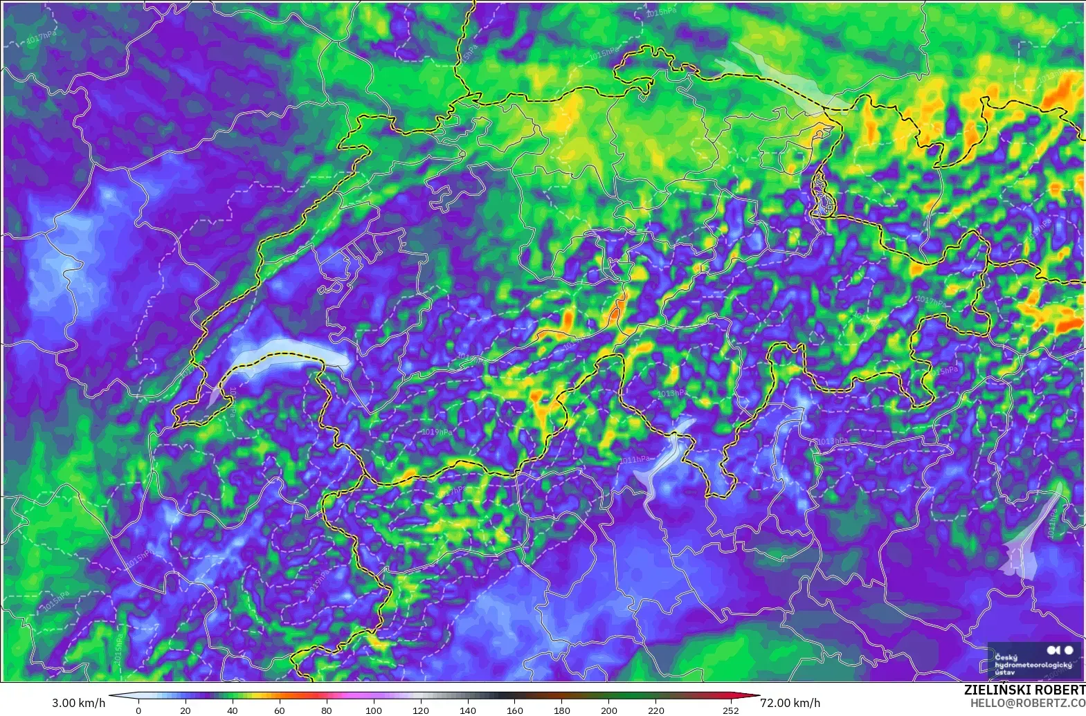 ALADIN CZ 2.3 km modelo - Suiza, Ráfagas de Viento Máximas