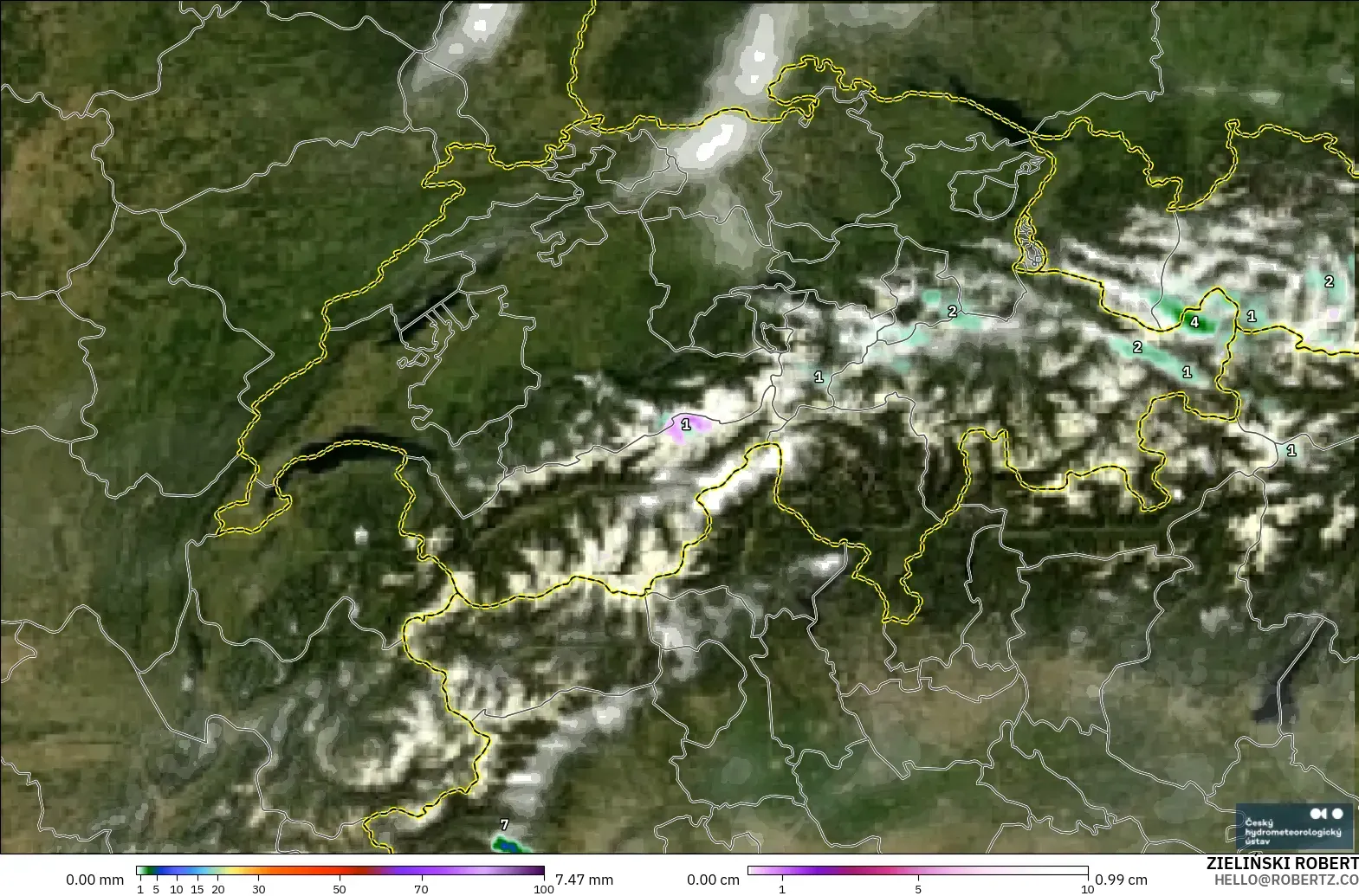 ALADIN CZ 2.3 km modelo - Suiza, Precipitación, nubes y presión