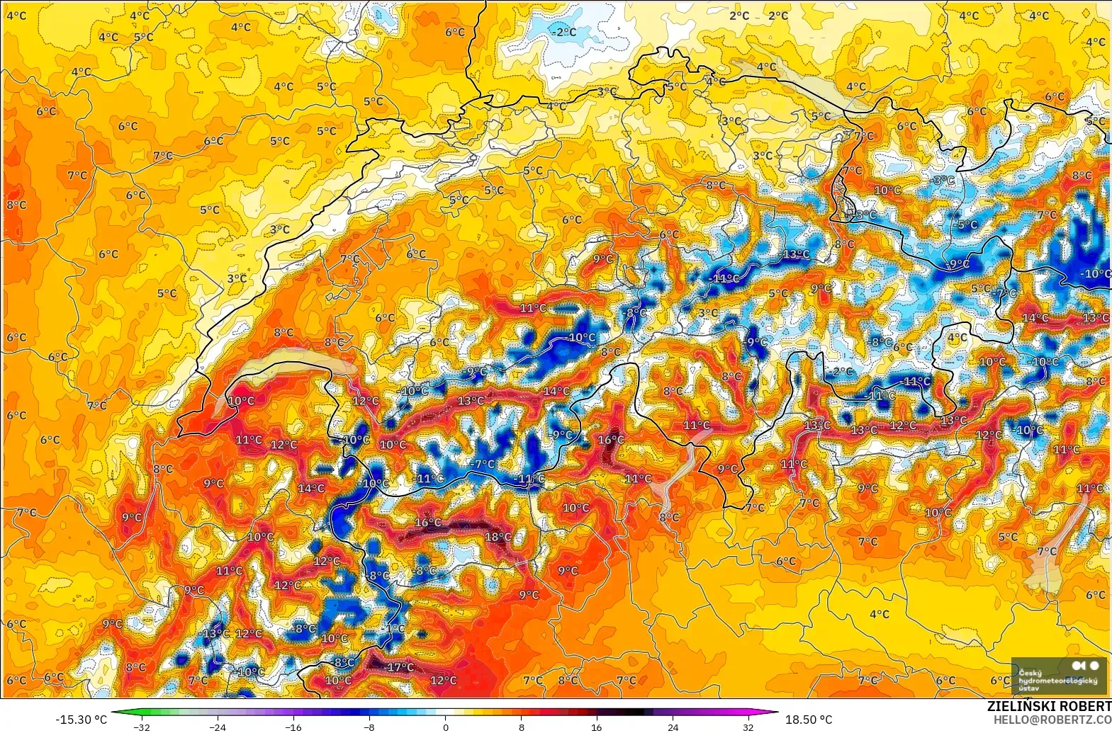 ALADIN CZ 2.3 km modelo - Suiza, Anomalía de temperatura a 2 m