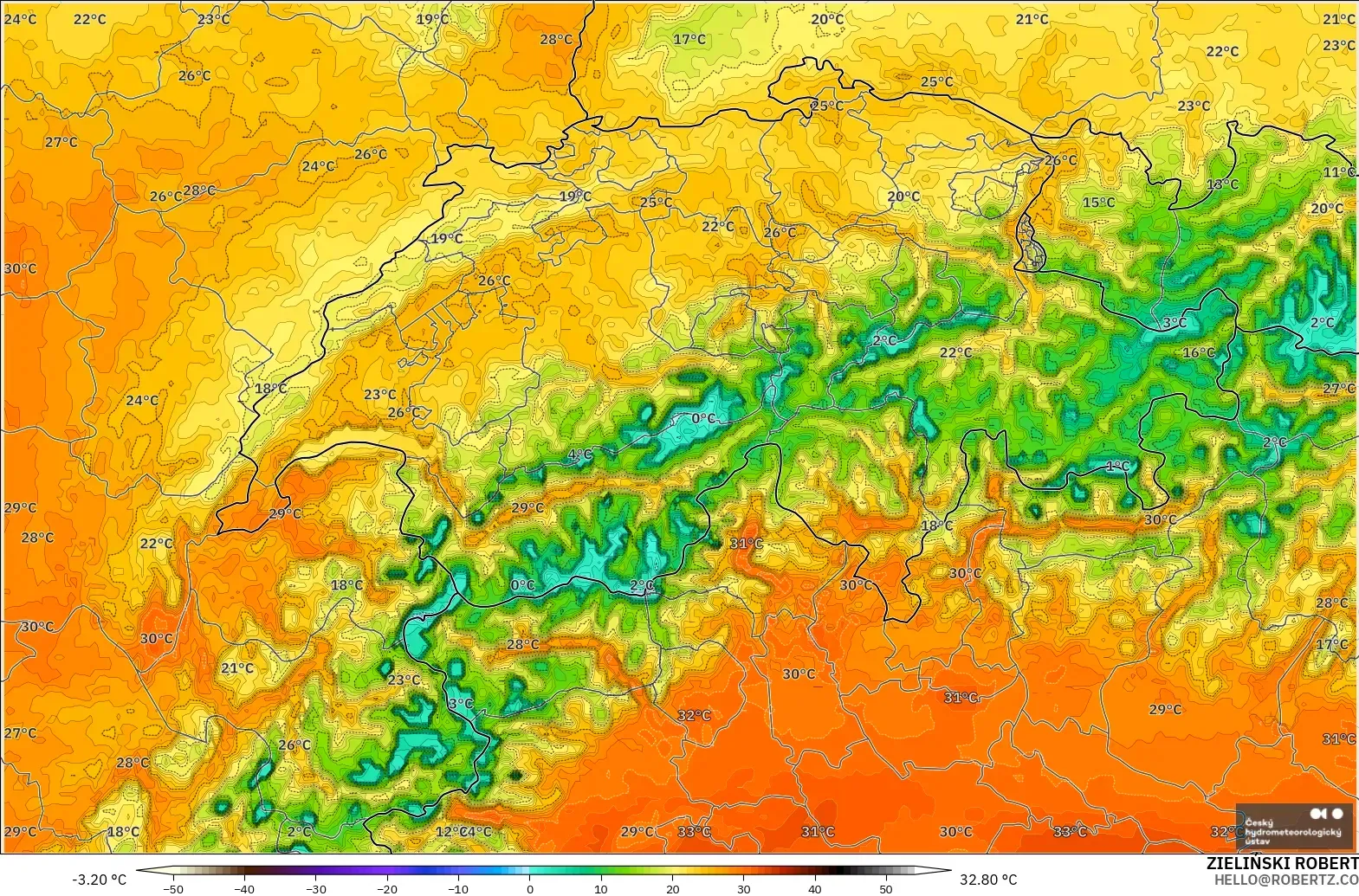 ALADIN CZ 2.3 km modelo - Suiza, Temperatura a 2 m