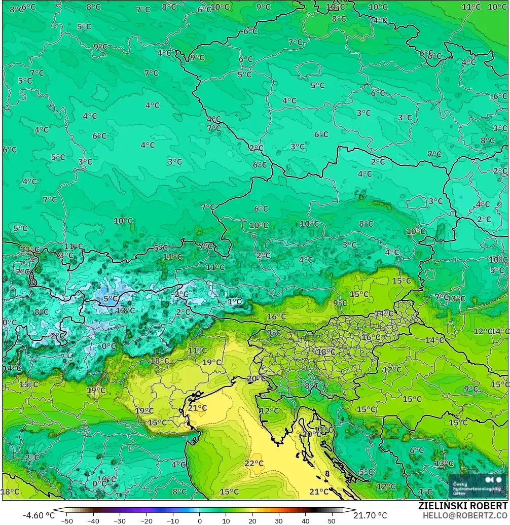 ALADIN CZ 2.3 km modelo - Austria, Punto de rocío a 2 m