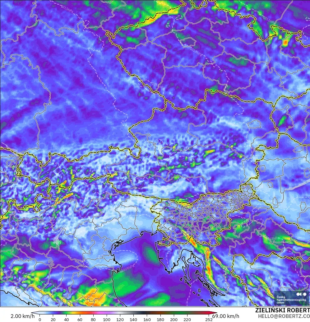 ALADIN CZ 2.3 km modelo - Austria, Ráfagas de Viento Máximas