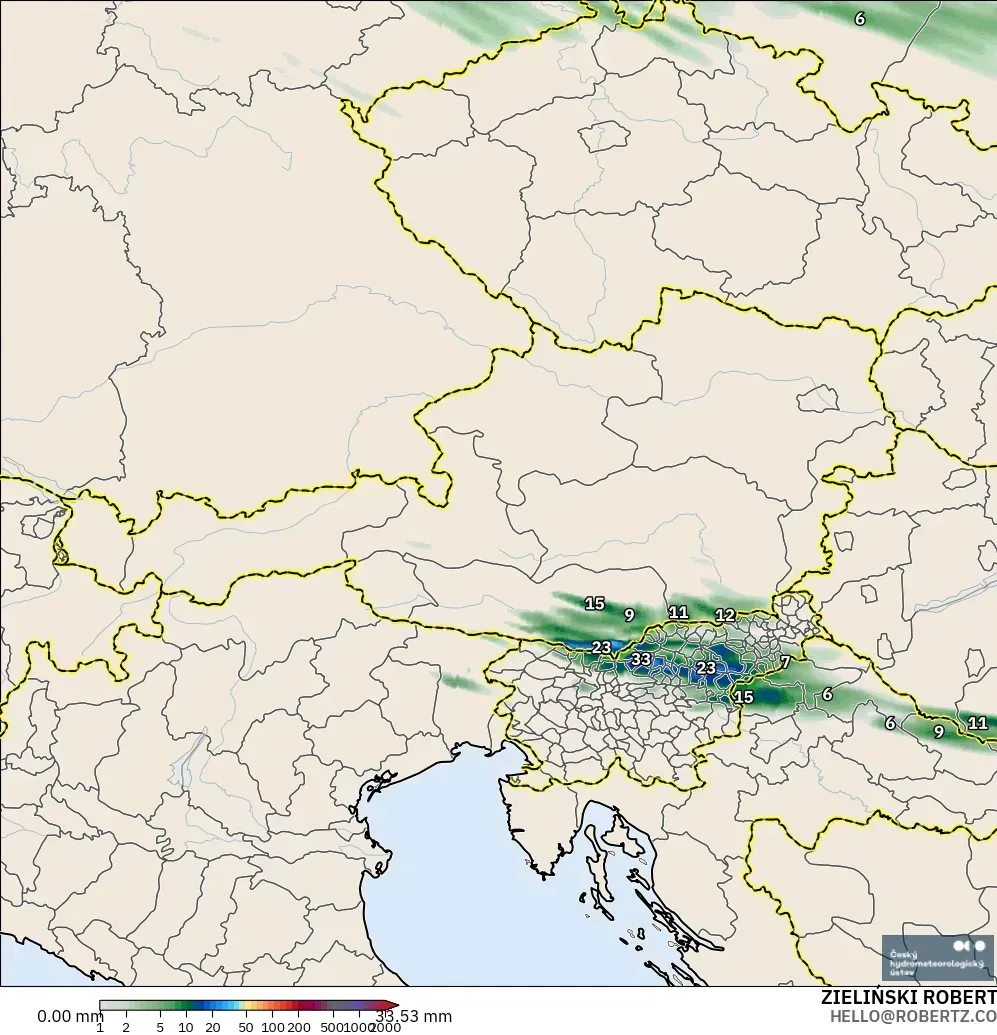 ALADIN CZ 2.3 km modelo - Austria, Acumulación de precipitación