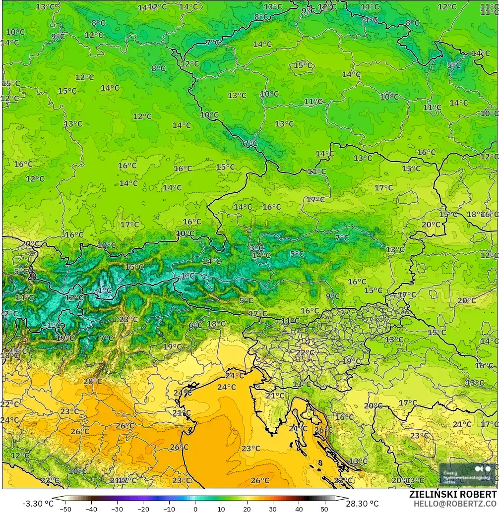 ALADIN CZ 2.3 km modelo - Austria, Temperatura a 2 m