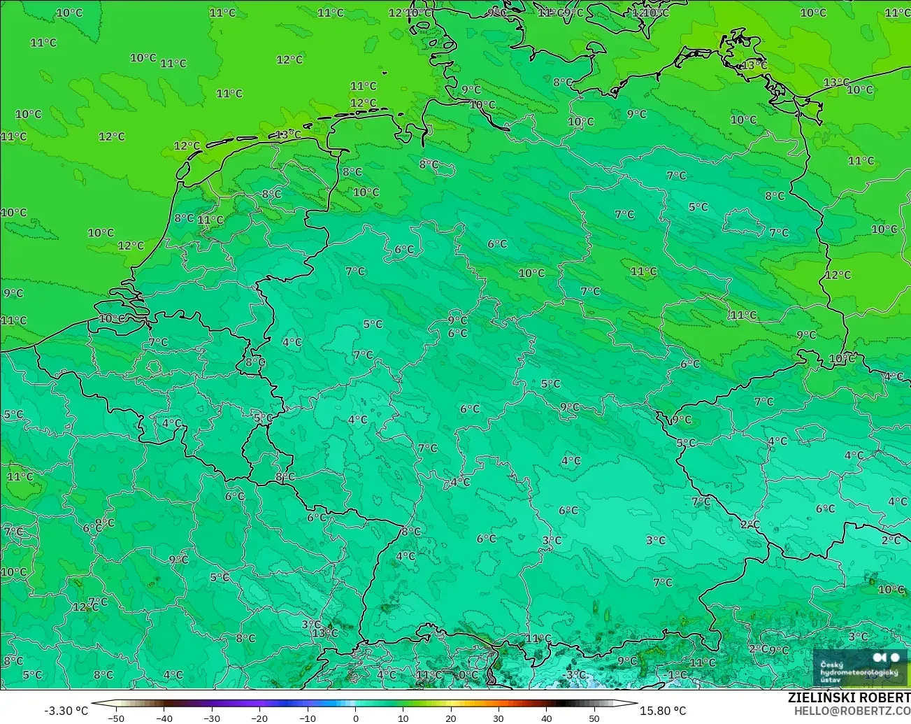 ALADIN CZ 2.3 km modelo - Alemania, Punto de rocío a 2 m