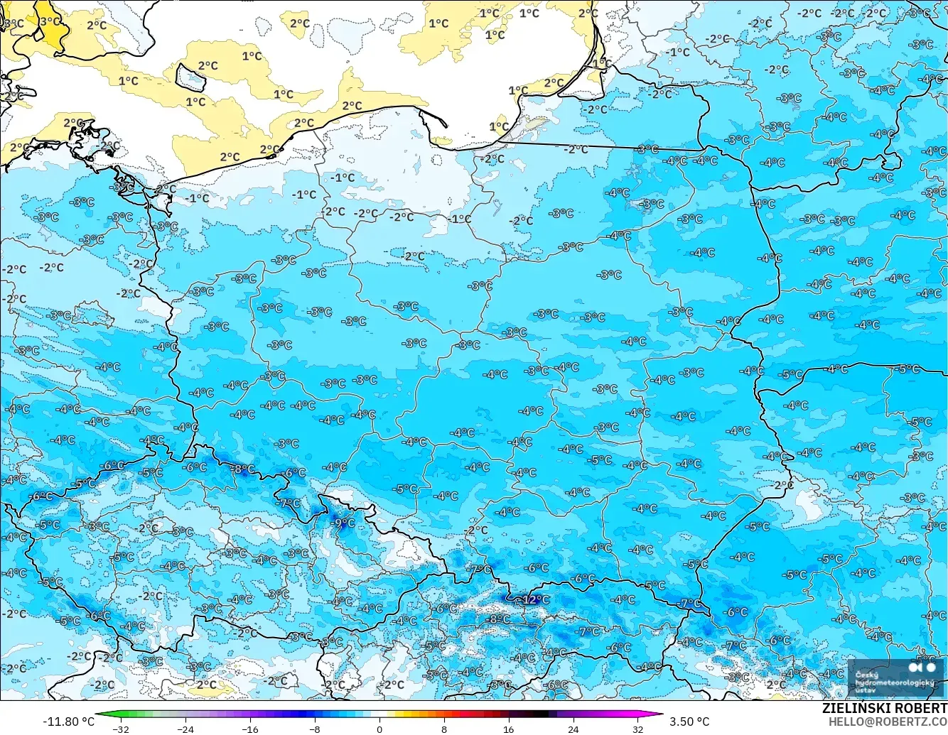 ALADIN CZ 2.3 km modelo - Polonia, Anomalía de temperatura a 2 m