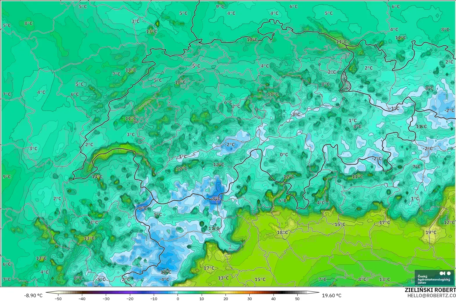 ALADIN CZ 2.3 km modelo - Suiza, Punto de rocío a 2 m