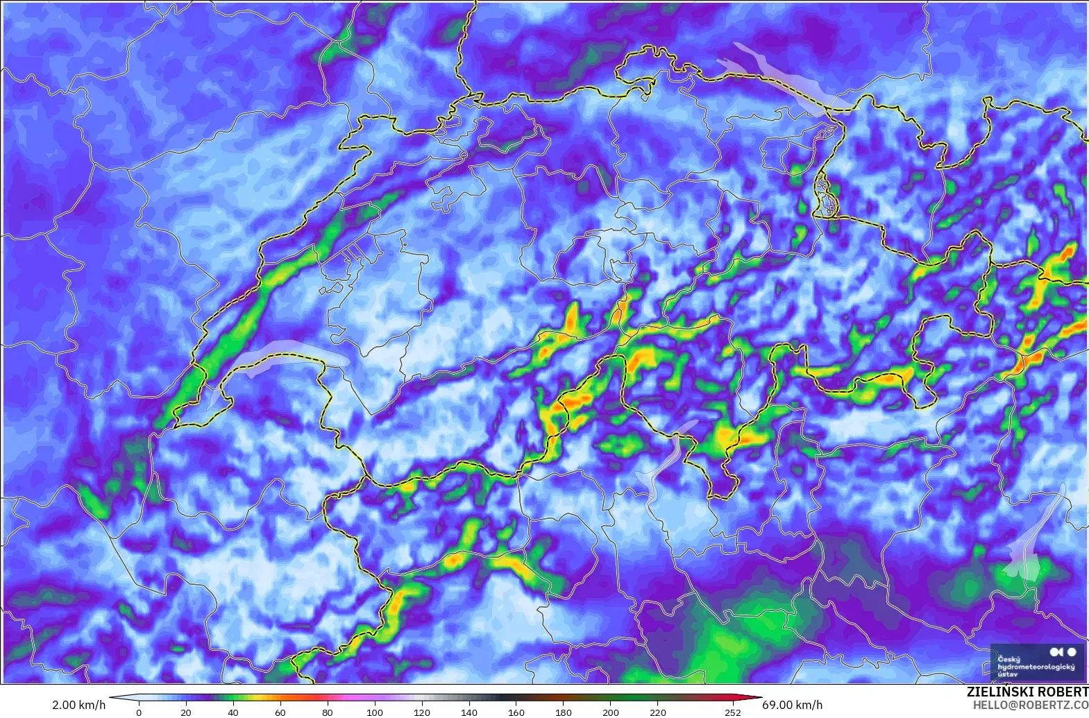 ALADIN CZ 2.3 km modelo - Suiza, Ráfagas de viento