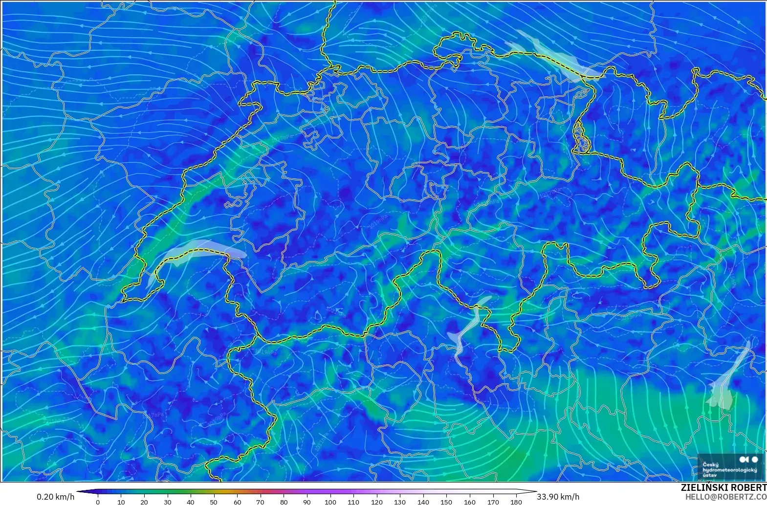 ALADIN CZ 2.3 km modelo - Suiza, Viento a 10 m