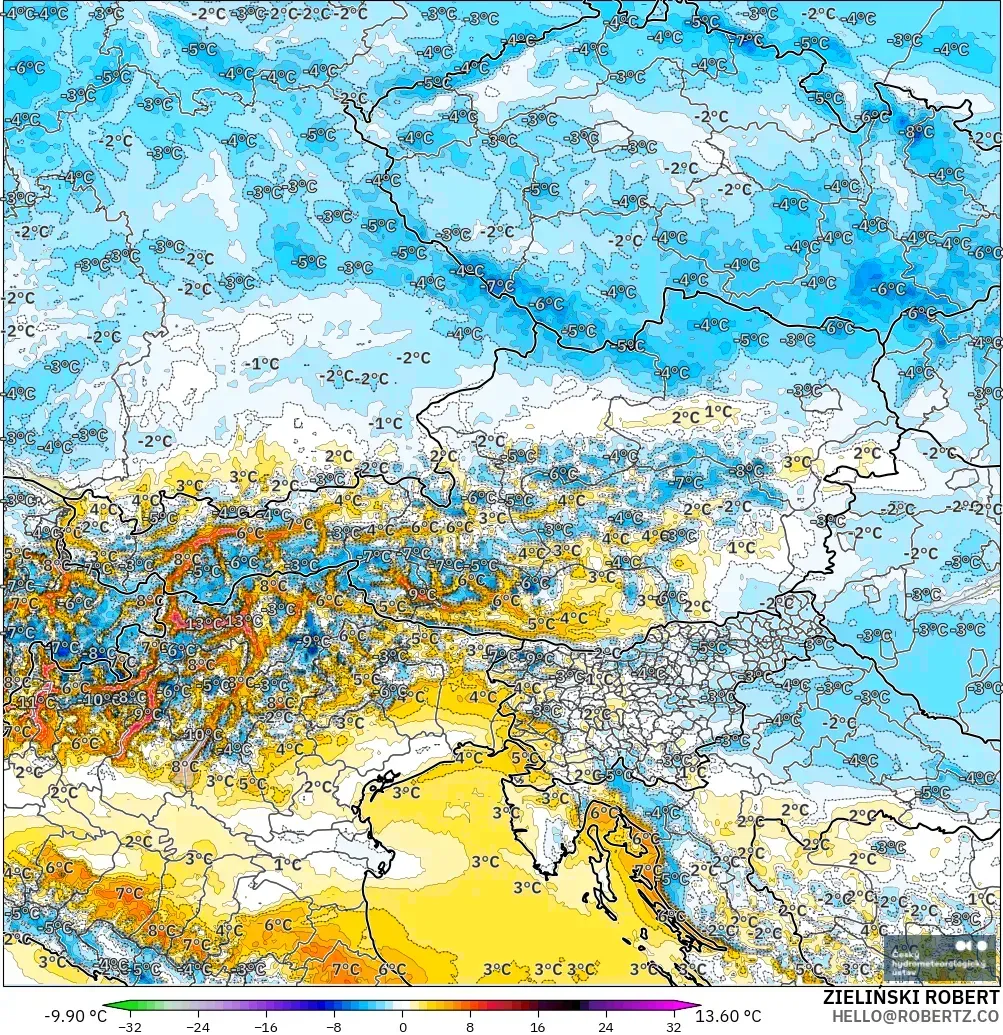 ALADIN CZ 2.3 km modelo - Austria, Anomalía de temperatura a 2 m
