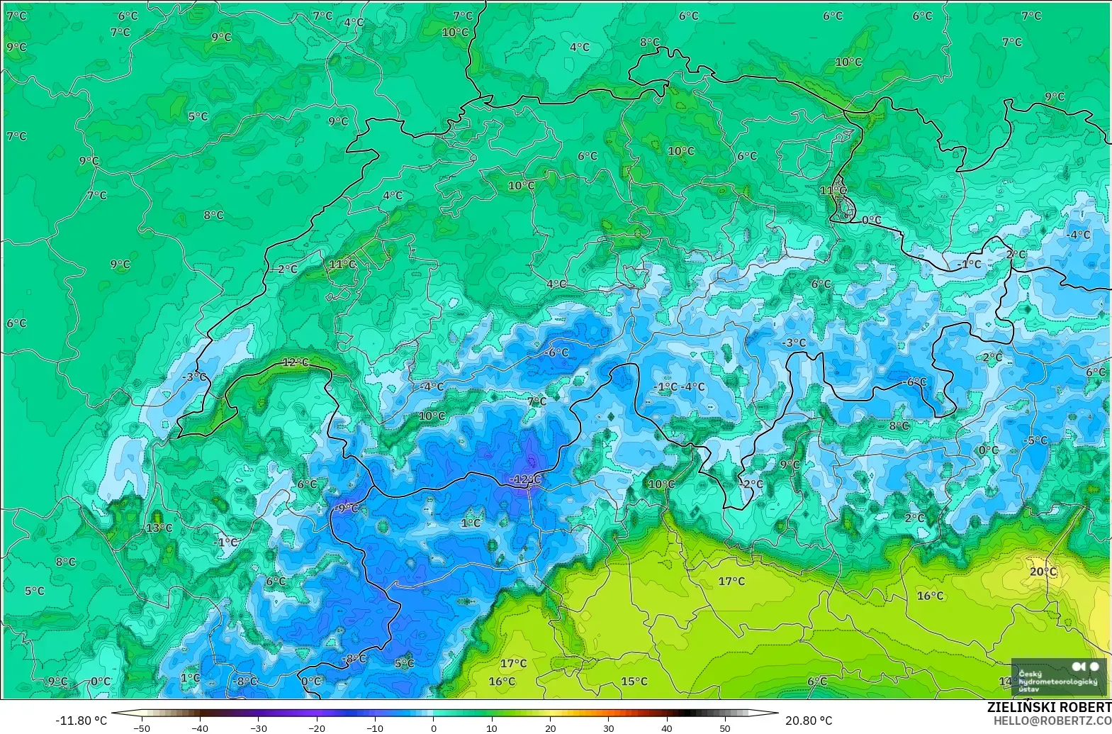 ALADIN CZ 2.3 km modelo - Suiza, Punto de rocío a 2 m