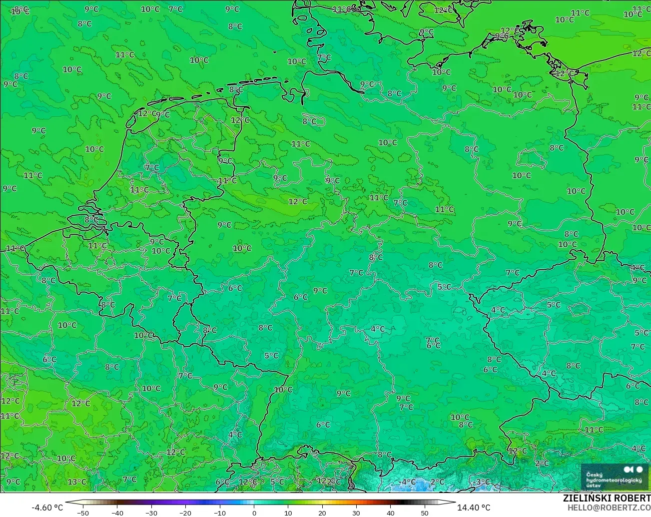 ALADIN CZ 2.3 km modelo - Alemania, Punto de rocío a 2 m