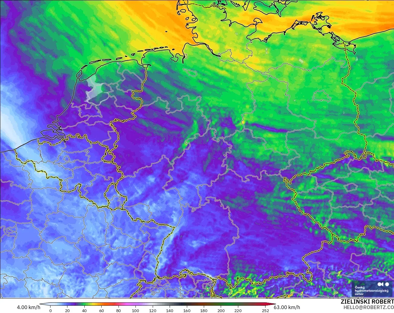 ALADIN CZ 2.3 km modelo - Alemania, Ráfagas de viento