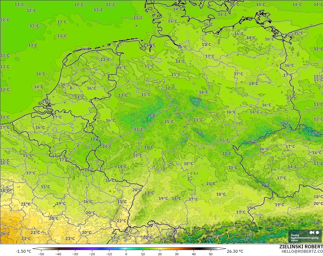 ALADIN CZ 2.3 km modelo - Alemania, Temperatura a 2 m