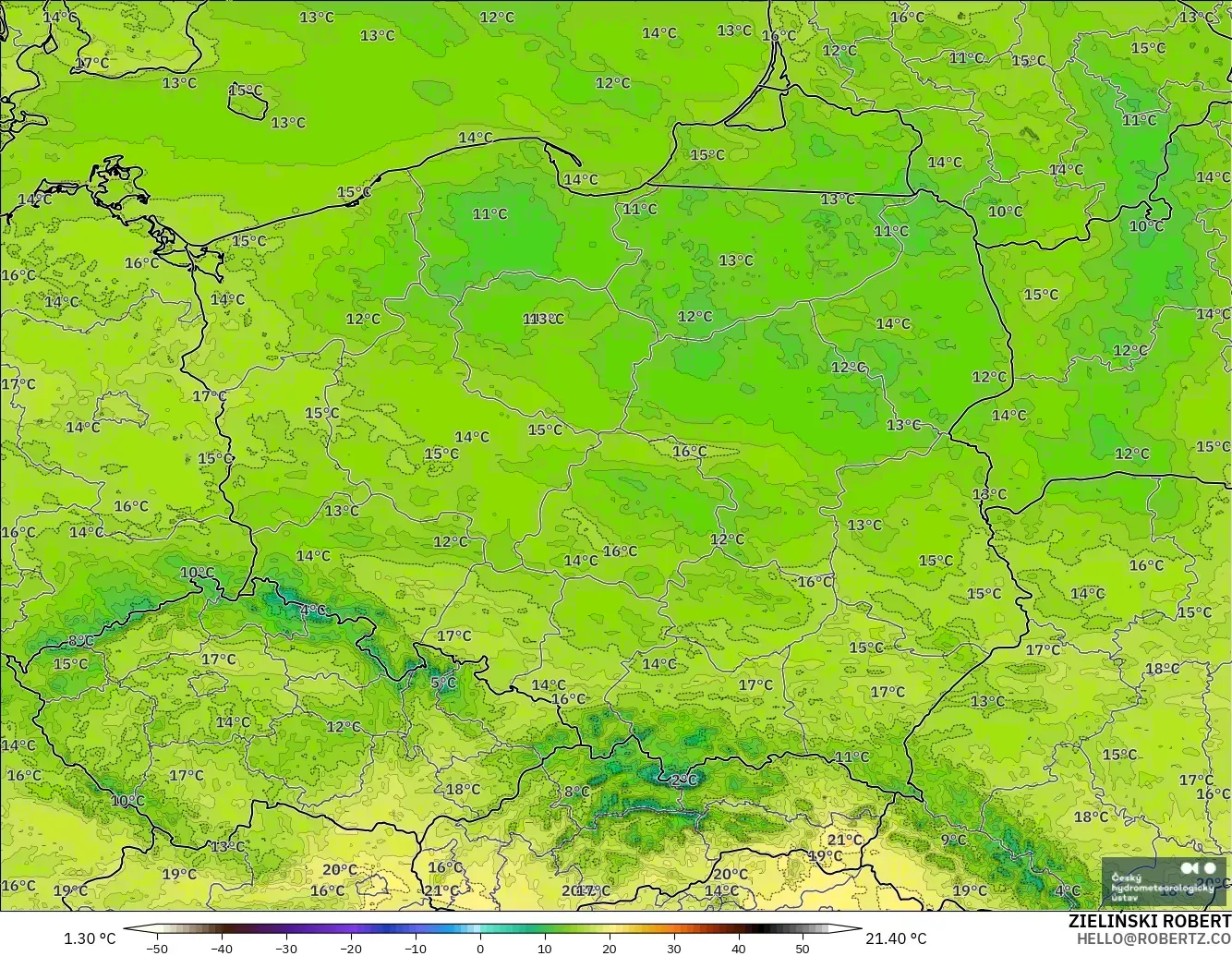 ALADIN CZ 2.3 km modelo - Polonia, Temperatura a 2 m