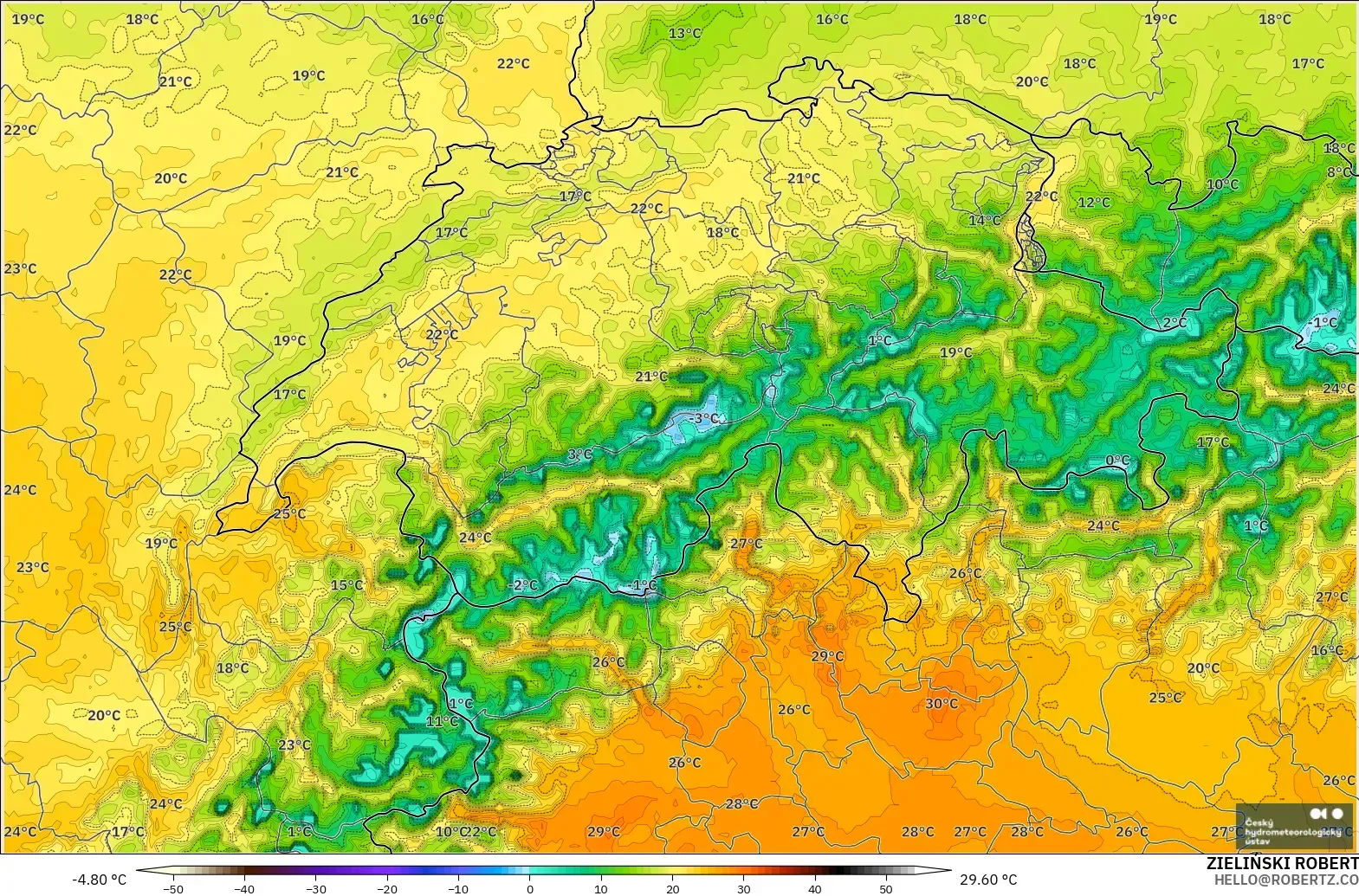 ALADIN CZ 2.3 km modelo - Suiza, Temperatura a 2 m
