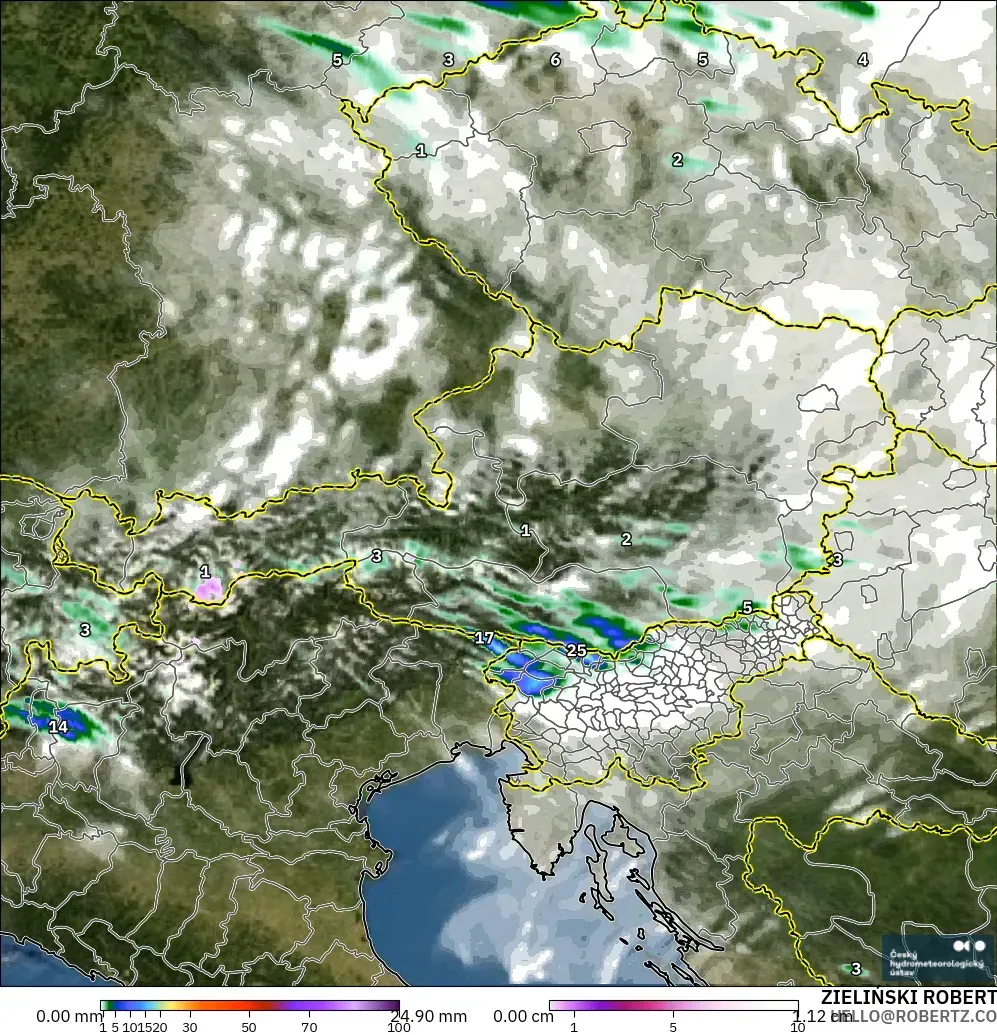 ALADIN CZ 2.3 km modelo - Austria, Precipitación, nubes y presión