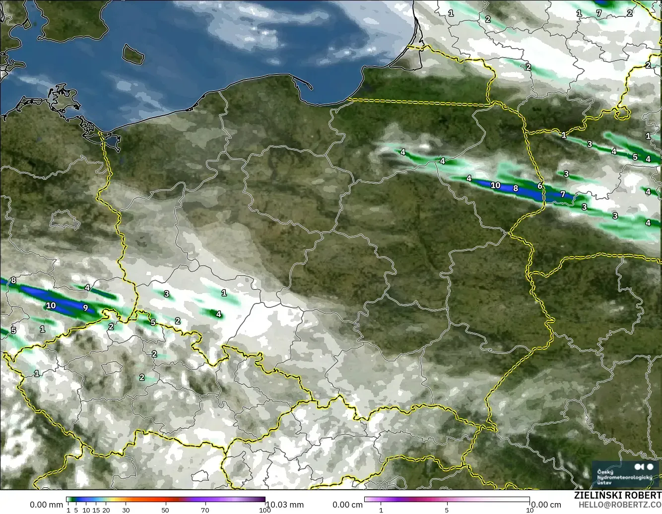 ALADIN CZ 2.3 km modelo - Polonia, Precipitación, nubes y presión