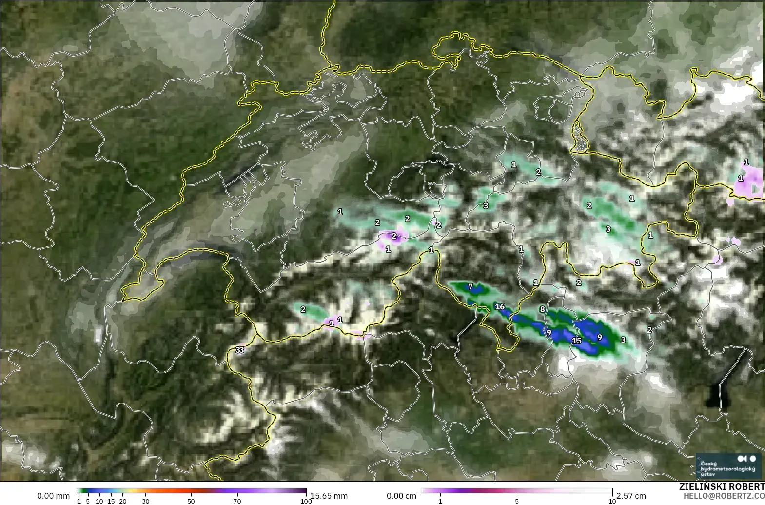 ALADIN CZ 2.3 km modelo - Suiza, Precipitación, nubes y presión
