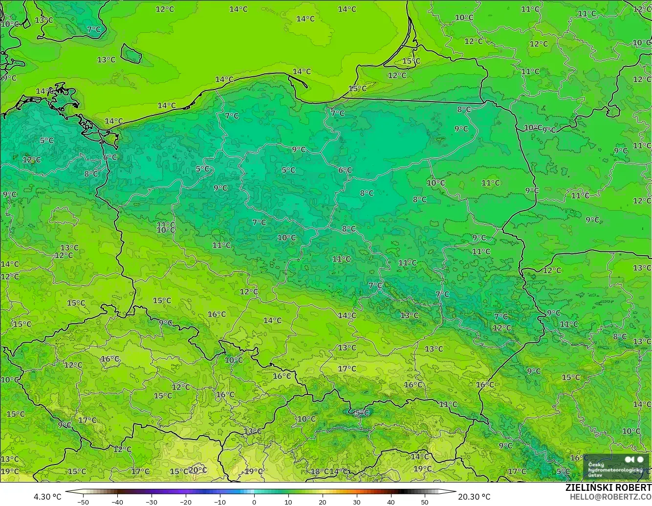 ALADIN CZ 2.3 km modelo - Polonia, Temperatura a 2 m