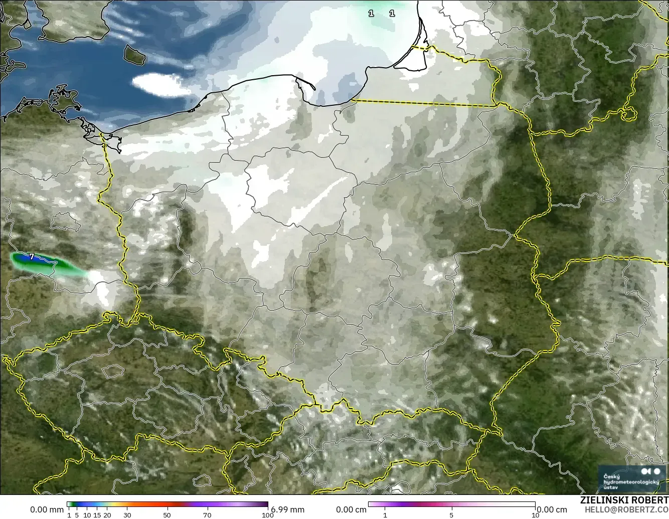 ALADIN CZ 2.3 km modelo - Polonia, Precipitación, nubes y presión