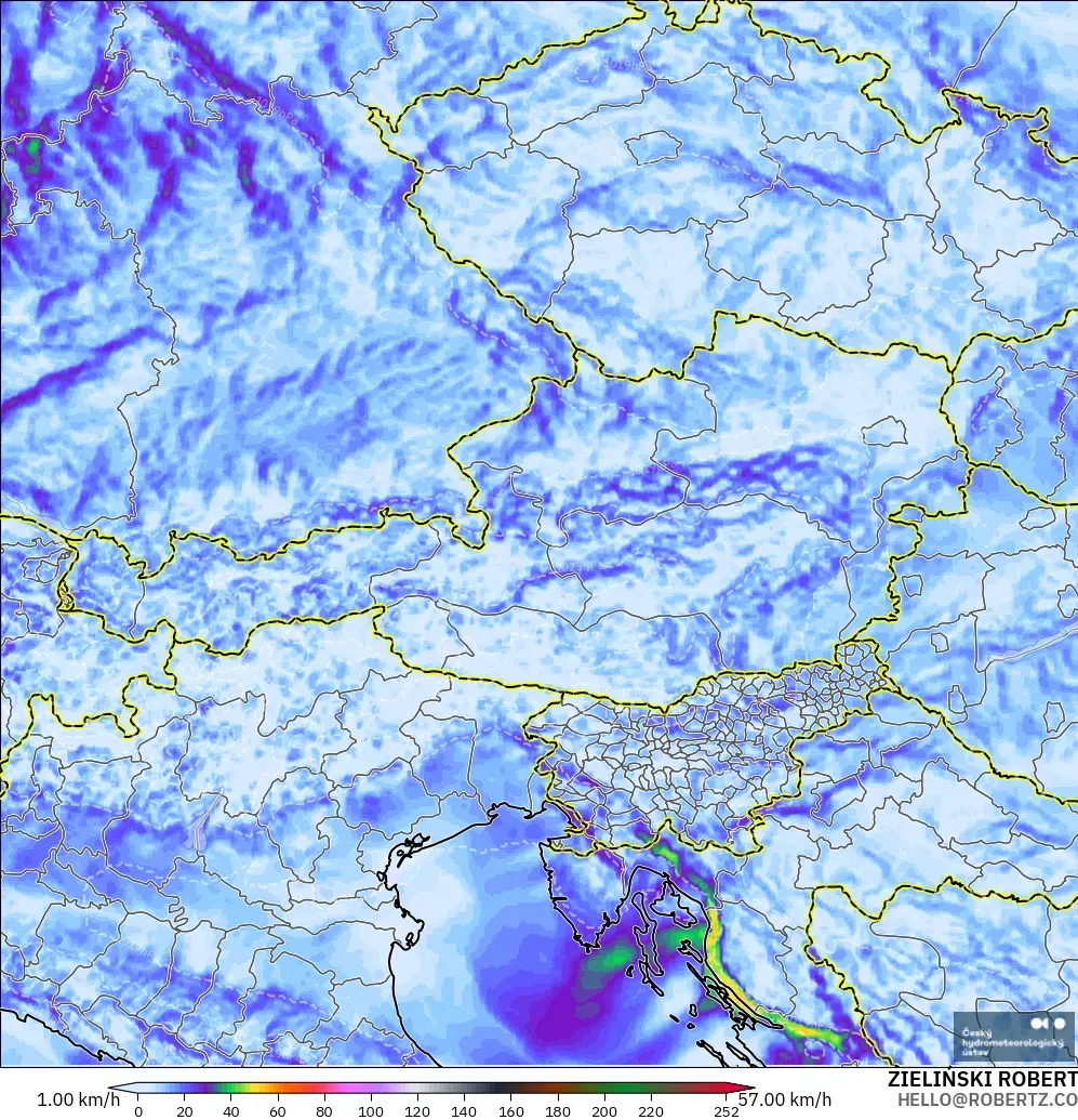 ALADIN CZ 2.3 km modelo - Austria, Ráfagas de Viento Máximas
