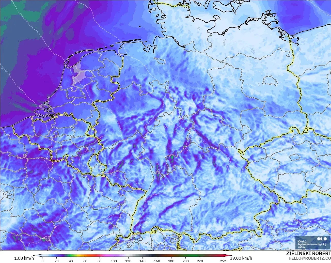 ALADIN CZ 2.3 km modelo - Alemania, Ráfagas de Viento Máximas