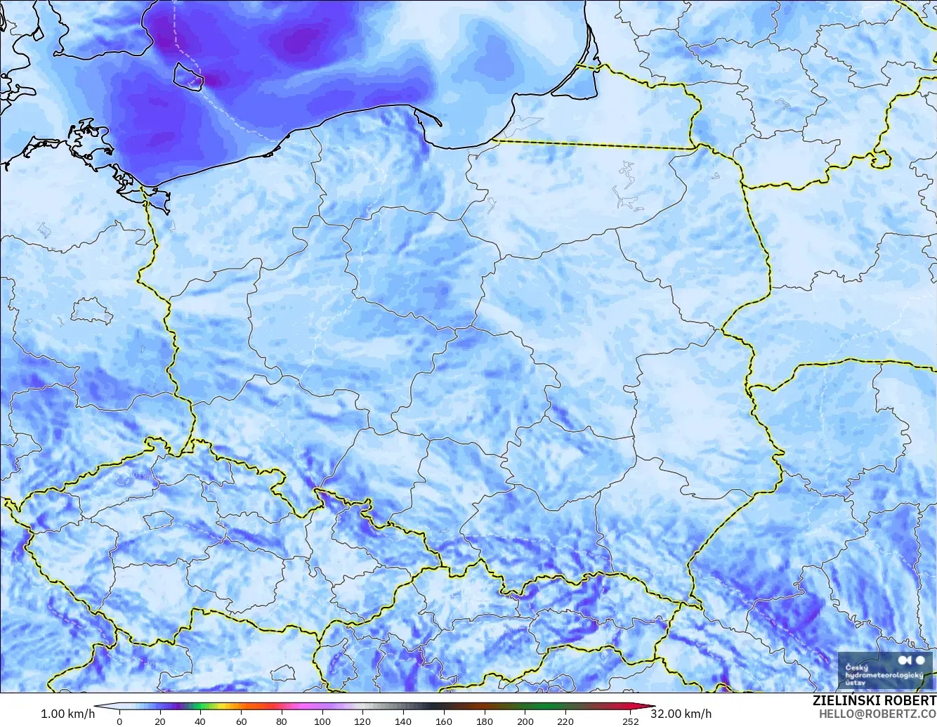 ALADIN CZ 2.3 km modelo - Polonia, Ráfagas de Viento Máximas