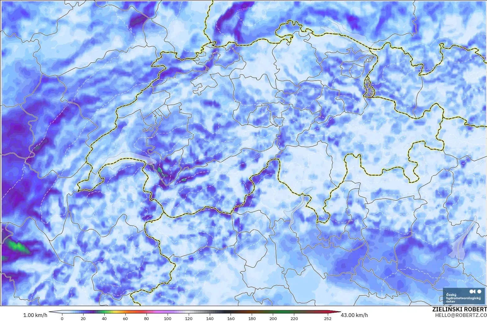 ALADIN CZ 2.3 km modelo - Suiza, Ráfagas de Viento Máximas