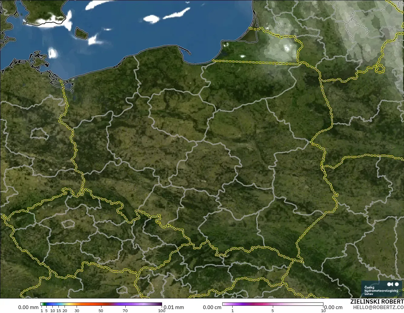ALADIN CZ 2.3 km modelo - Polonia, Precipitación, nubes y presión