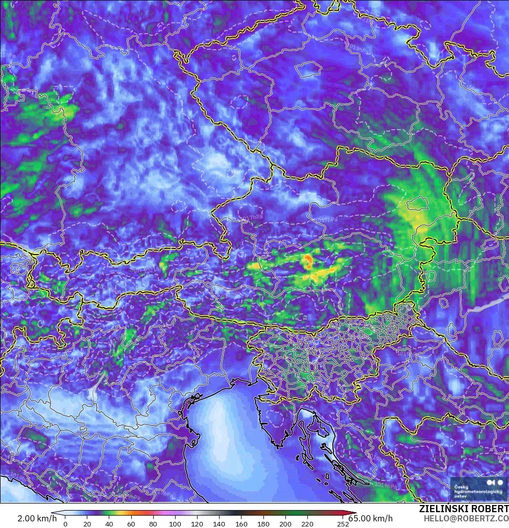 ALADIN CZ 2.3 km modelo - Austria, Ráfagas de Viento Máximas