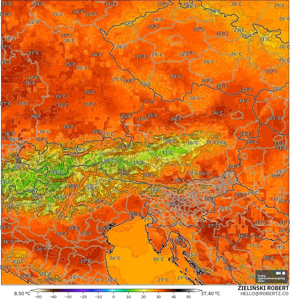 ALADIN CZ 2.3 km modelo - Austria, Temperatura a 2 m