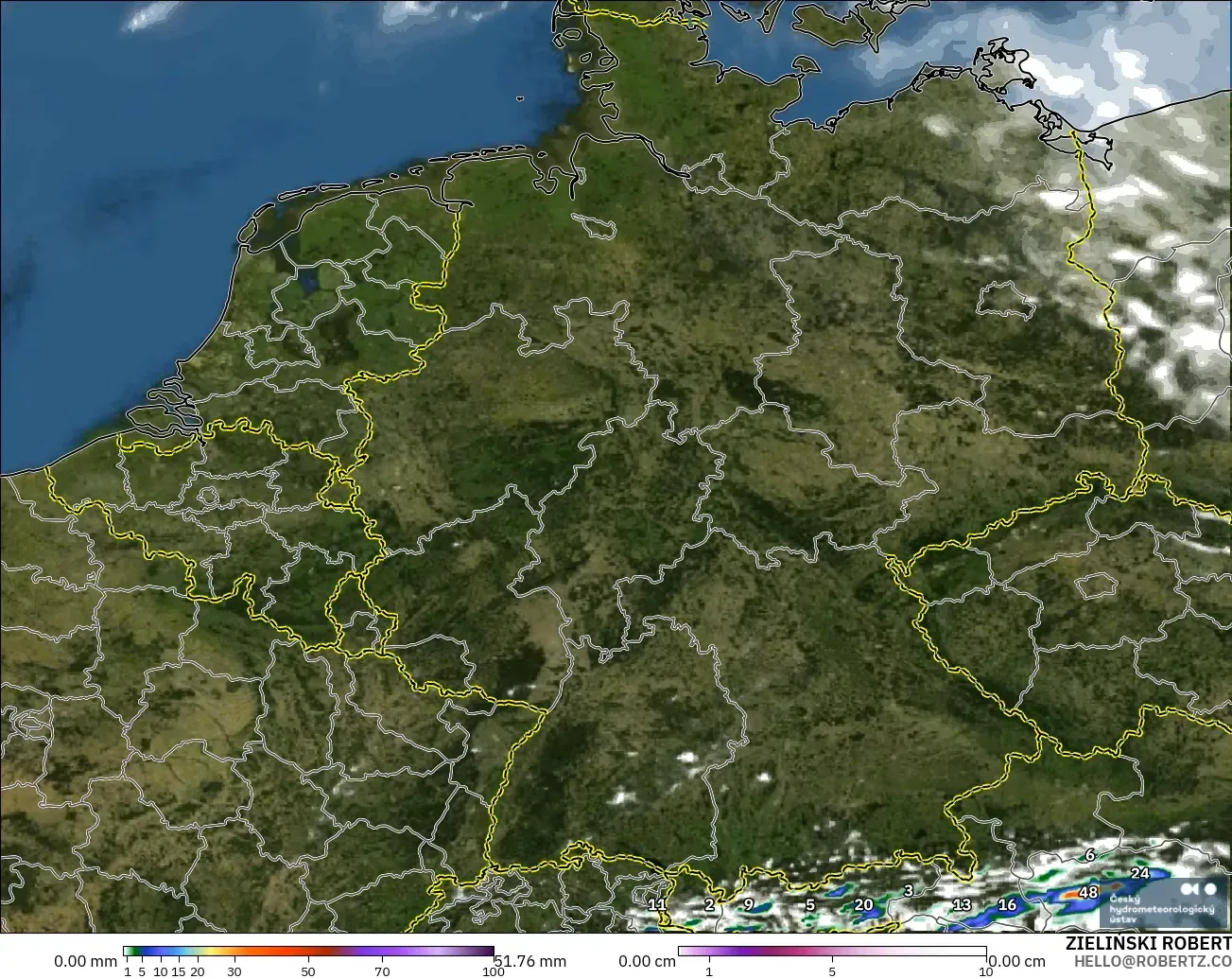 ALADIN CZ 2.3 km modelo - Alemania, Precipitación, nubes y presión