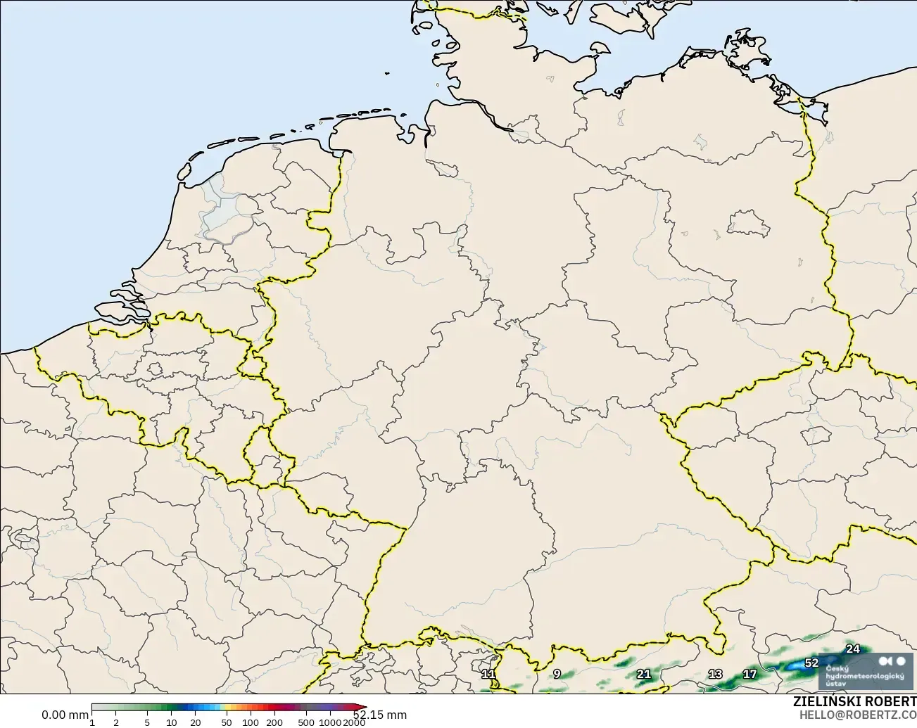 ALADIN CZ 2.3 km modelo - Alemania, Acumulación de precipitación
