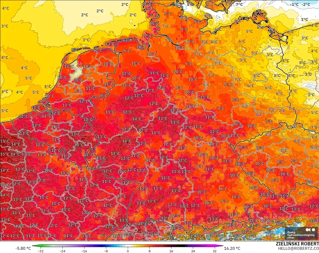 ALADIN CZ 2.3 km modelo - Alemania, Anomalía de temperatura a 2 m