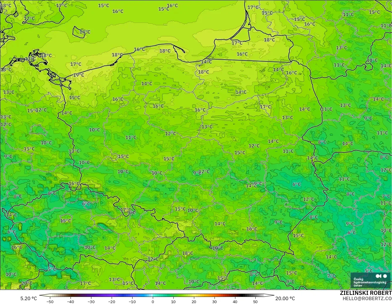 ALADIN CZ 2.3 km modelo - Polonia, Punto de rocío a 2 m
