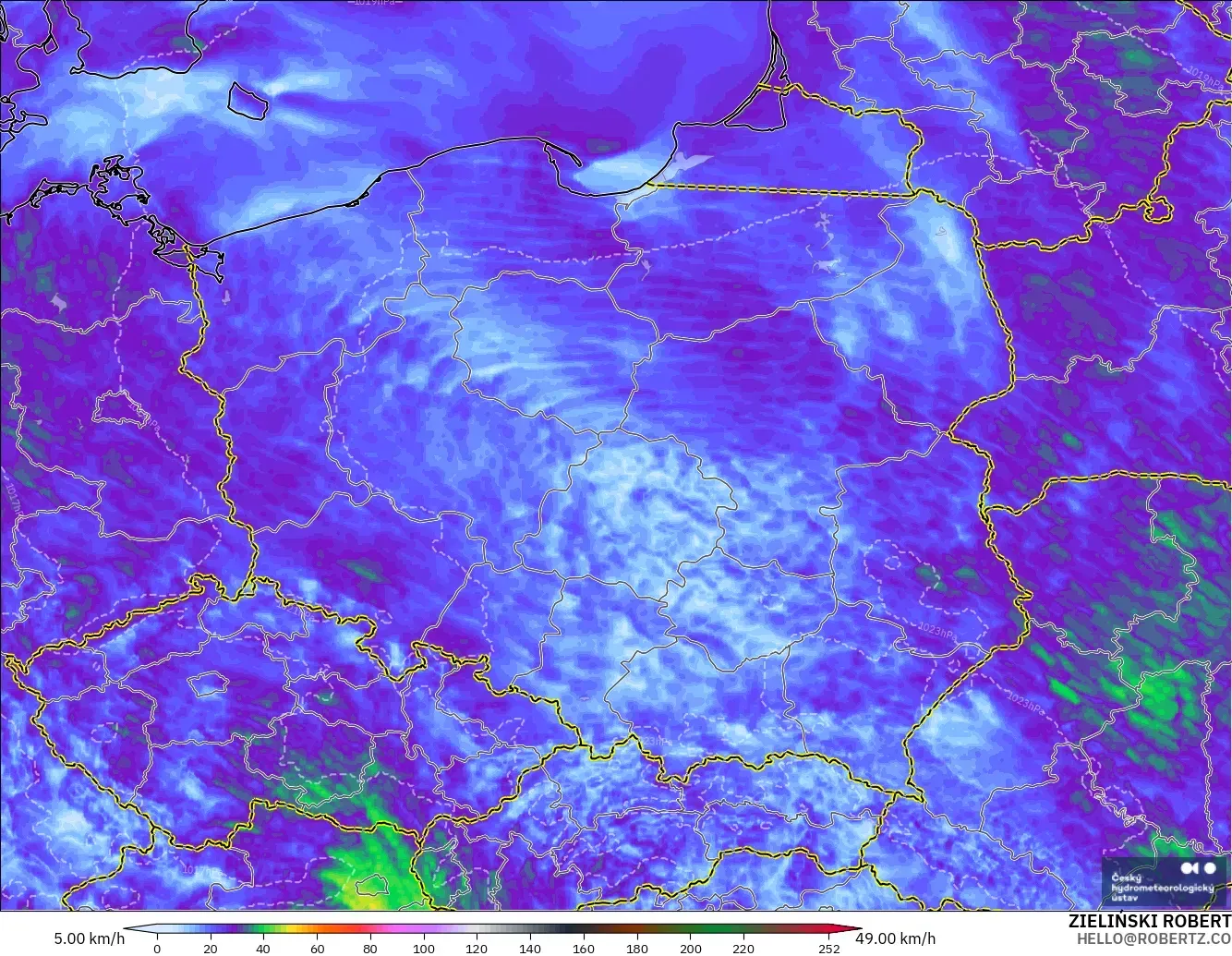 ALADIN CZ 2.3 km modelo - Polonia, Ráfagas de Viento Máximas