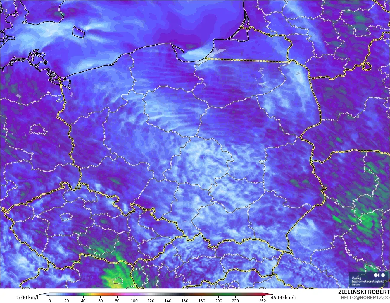 ALADIN CZ 2.3 km modelo - Polonia, Ráfagas de viento