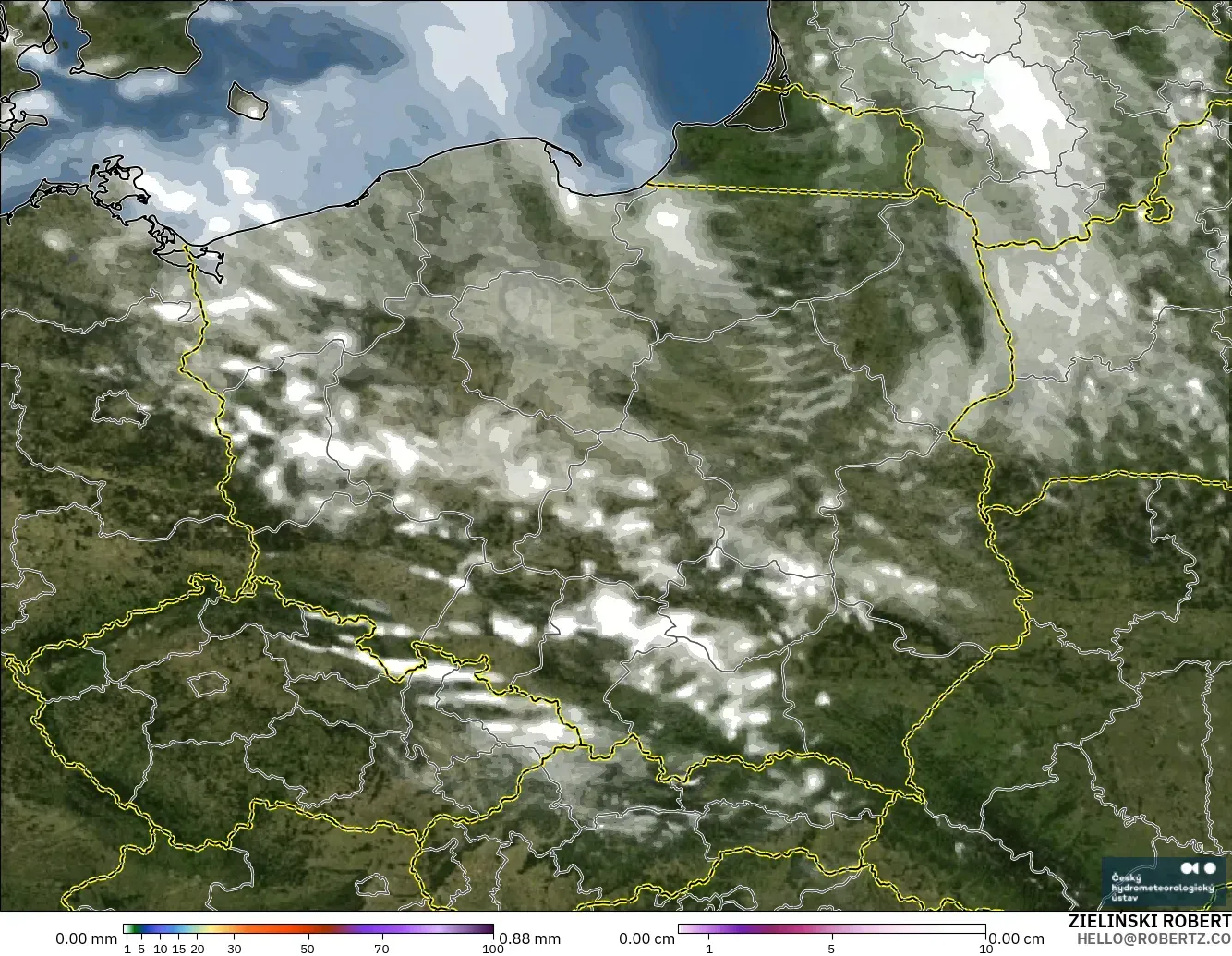 ALADIN CZ 2.3 km modelo - Polonia, Precipitación, nubes y presión