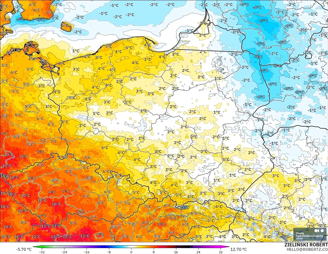 ALADIN CZ 2.3 km modelo - Polonia, Anomalía de temperatura a 2 m