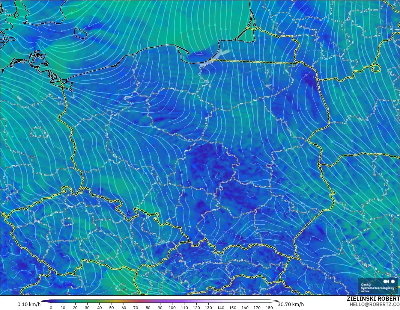 ALADIN CZ 2.3 km modelo - Polonia, Viento a 10 m