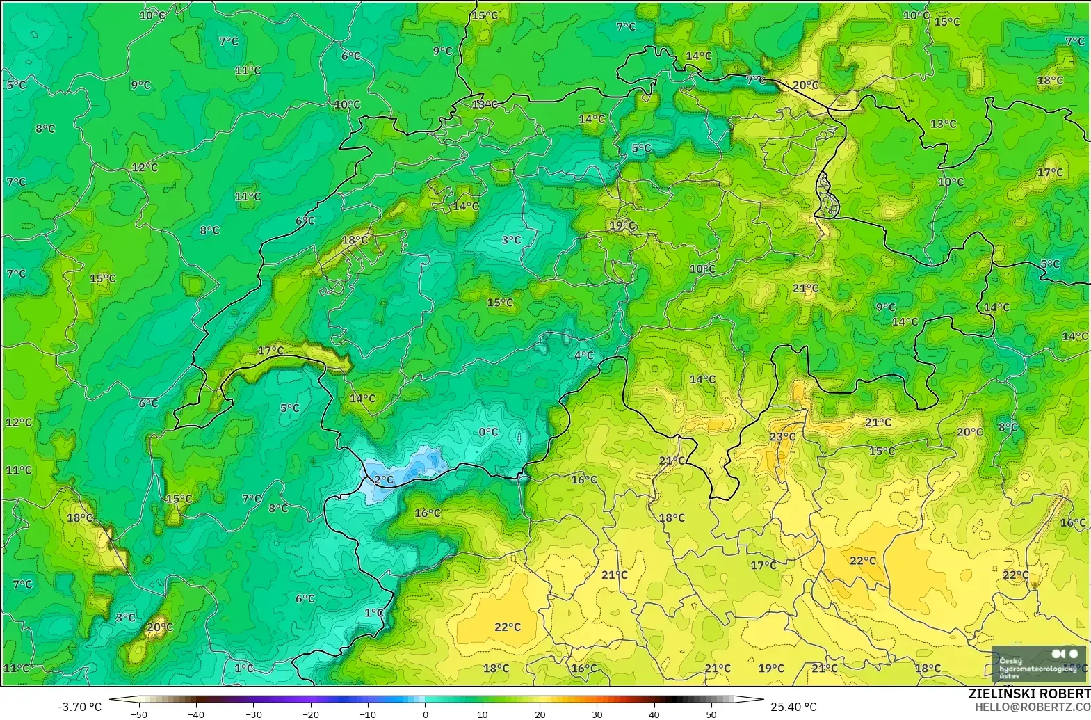 ALADIN CZ 2.3 km modelo - Suiza, Punto de rocío a 2 m