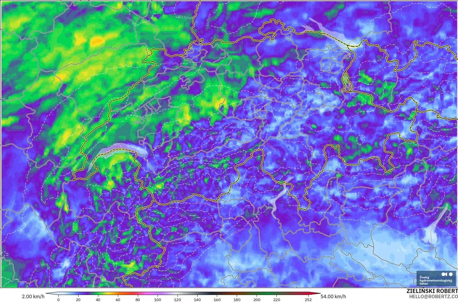 ALADIN CZ 2.3 km modelo - Suiza, Ráfagas de Viento Máximas